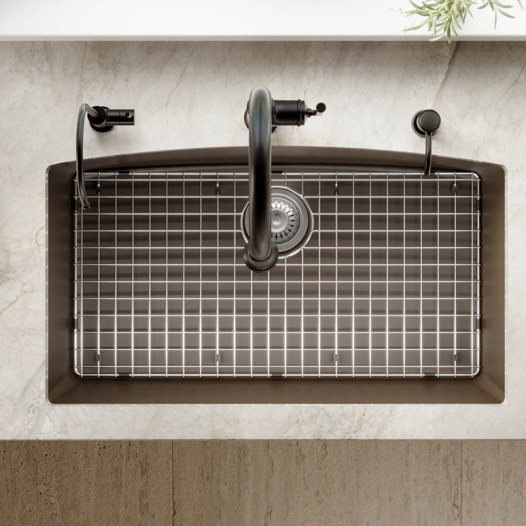 32-1/2" Undermount Large Single Bowl Quartz Composite Kitchen Sink Kit In Brown