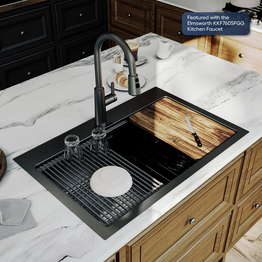 Elite 33" Top Mount Workstation 16 Gauge Stainless Steel Single Bowl Kitchen Sink In Gunmetal Black