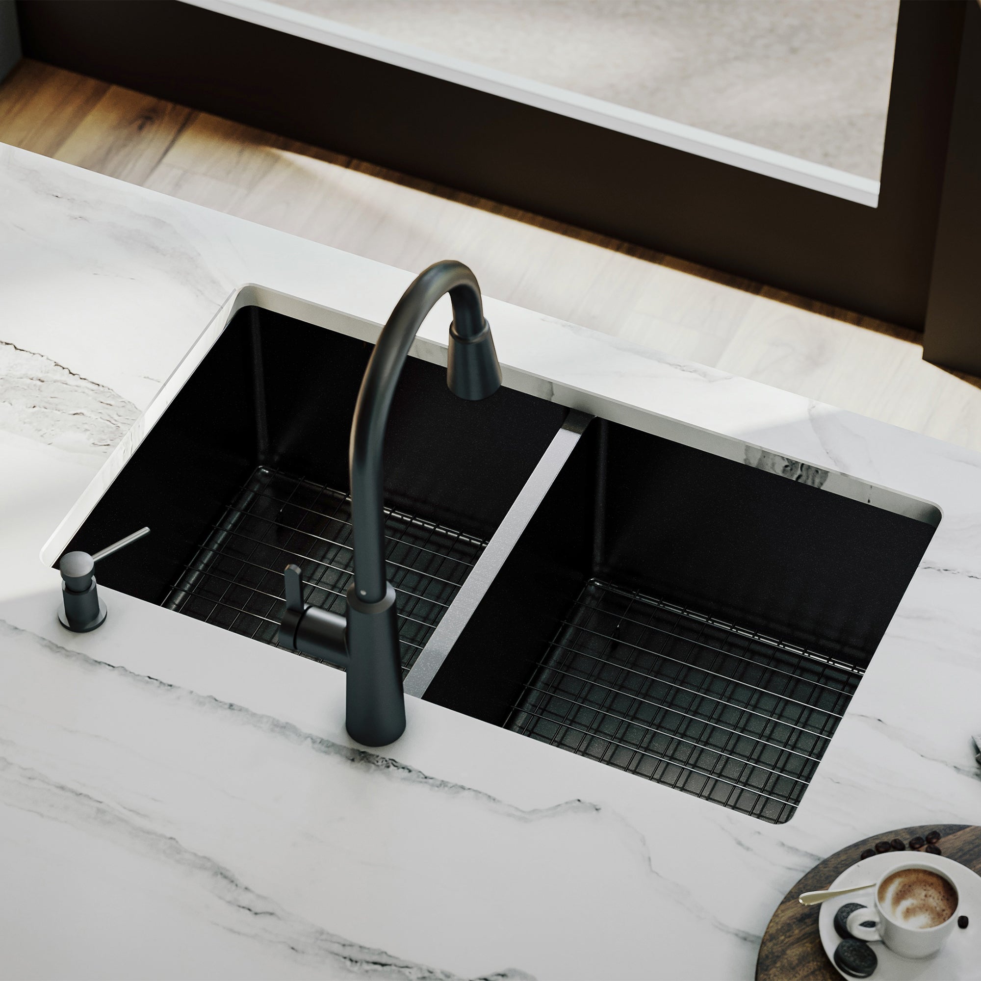 Elite 32" Undermount 16 Gauge Stainless Steel Double Bowl Kitchen Sink In Gunmetal Black