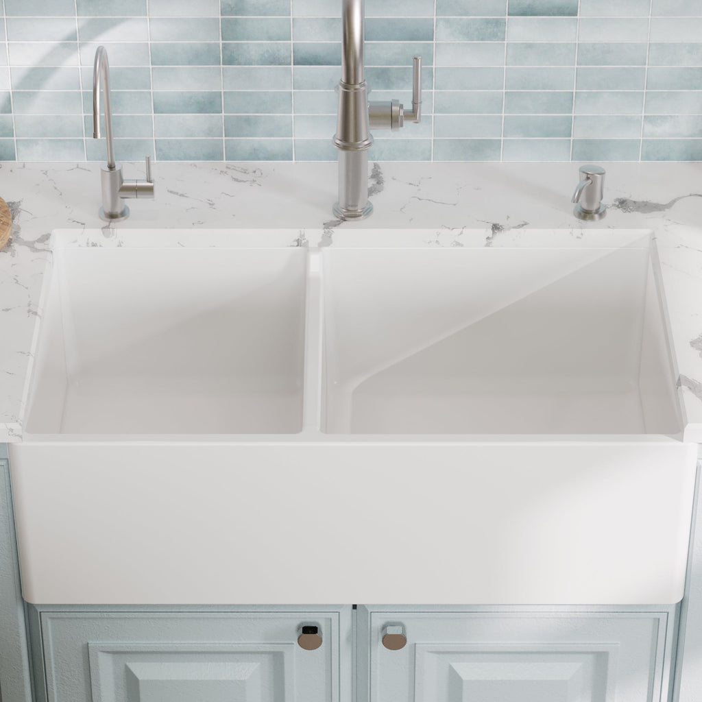 Fireclay 33" Reversible Apron Front Double Bowl Kitchen Sink In White