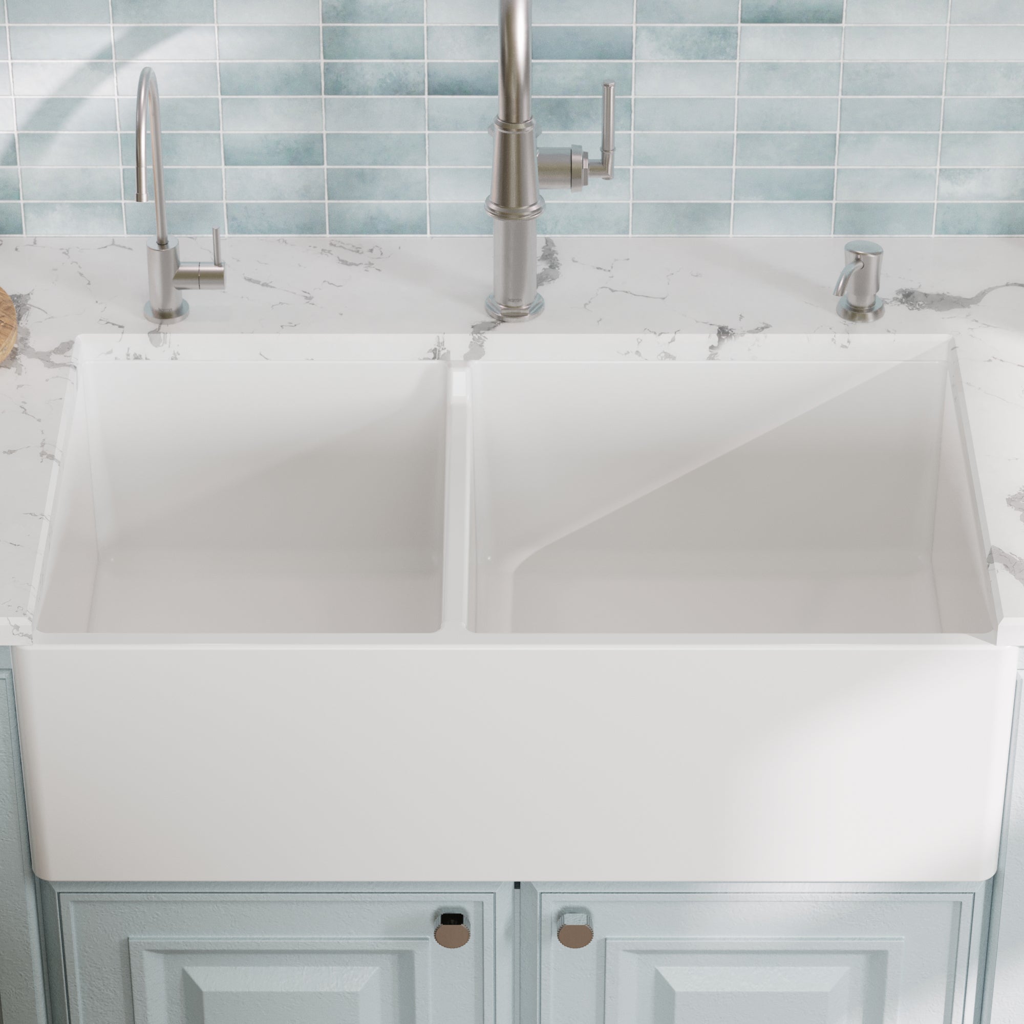 Fireclay 33" Reversible Apron Front Double Bowl Kitchen Sink In White