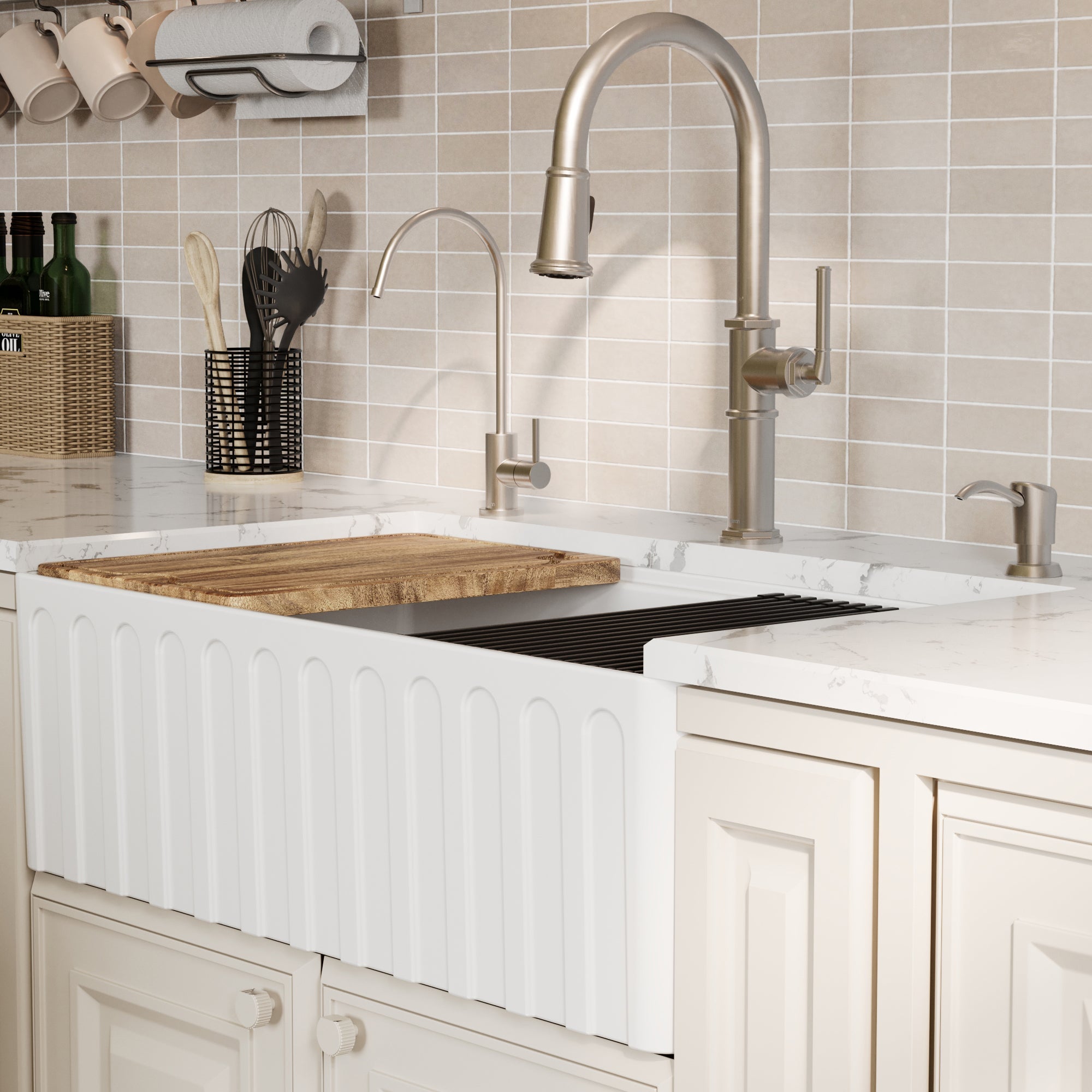 Fireclay 33" Reversible Apron Front Double Bowl Workstation Kitchen Sink In White