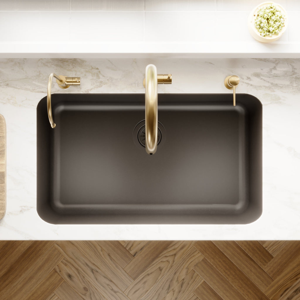 30-7/8" Seamless Undermount Large Single Bowl Quartz Composite Kitchen Sink In Black