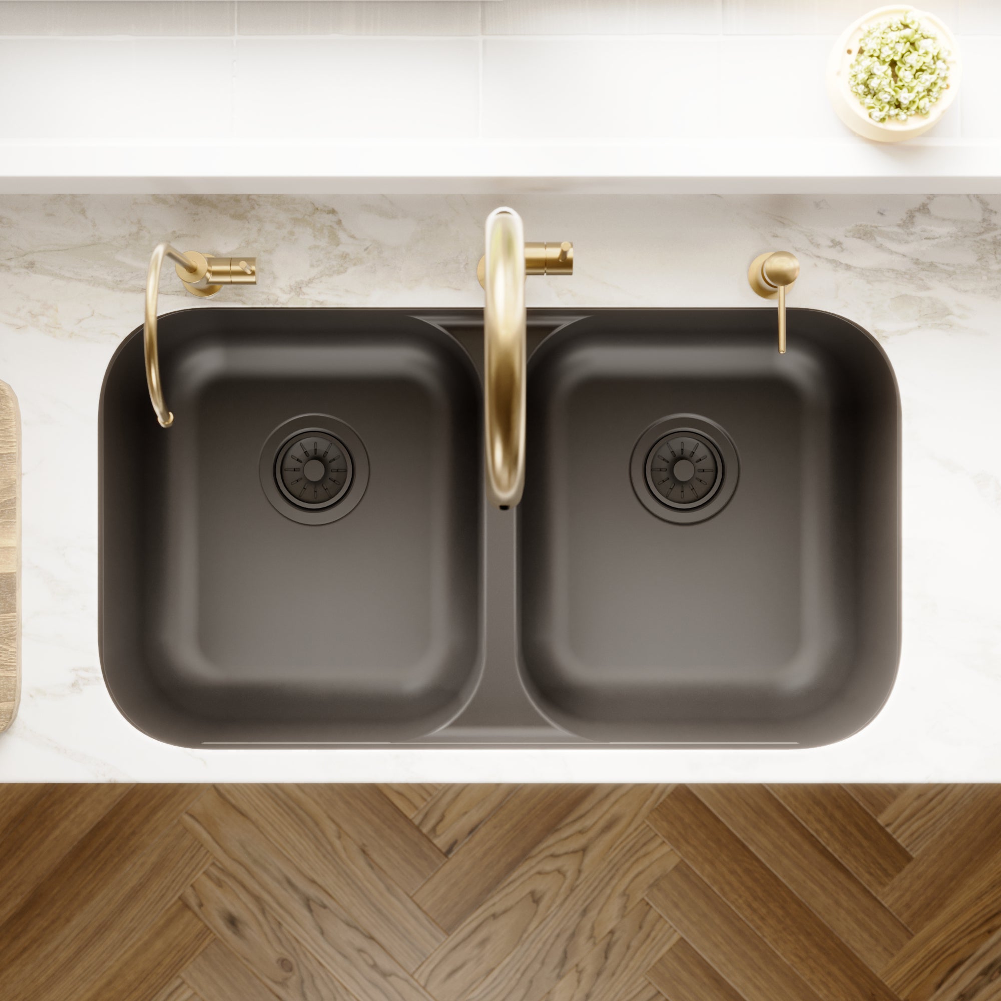 32-7/8" Seamless Undermount Doube Equal Bowl Quartz Composite Kitchen Sink In Black