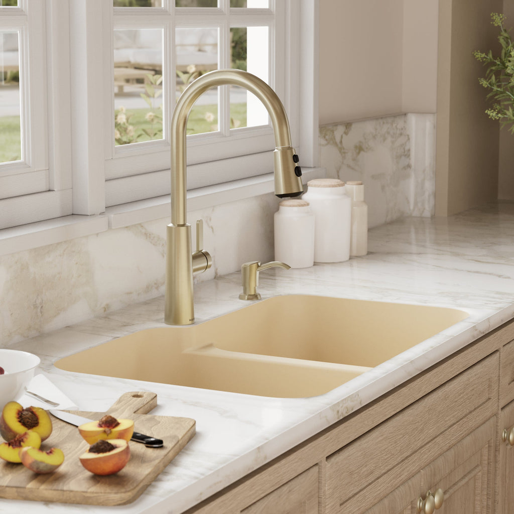 32-3/8" Seamless Undermount Double Offset Bowl Quartz Composite Kitchen Sink In Bisque