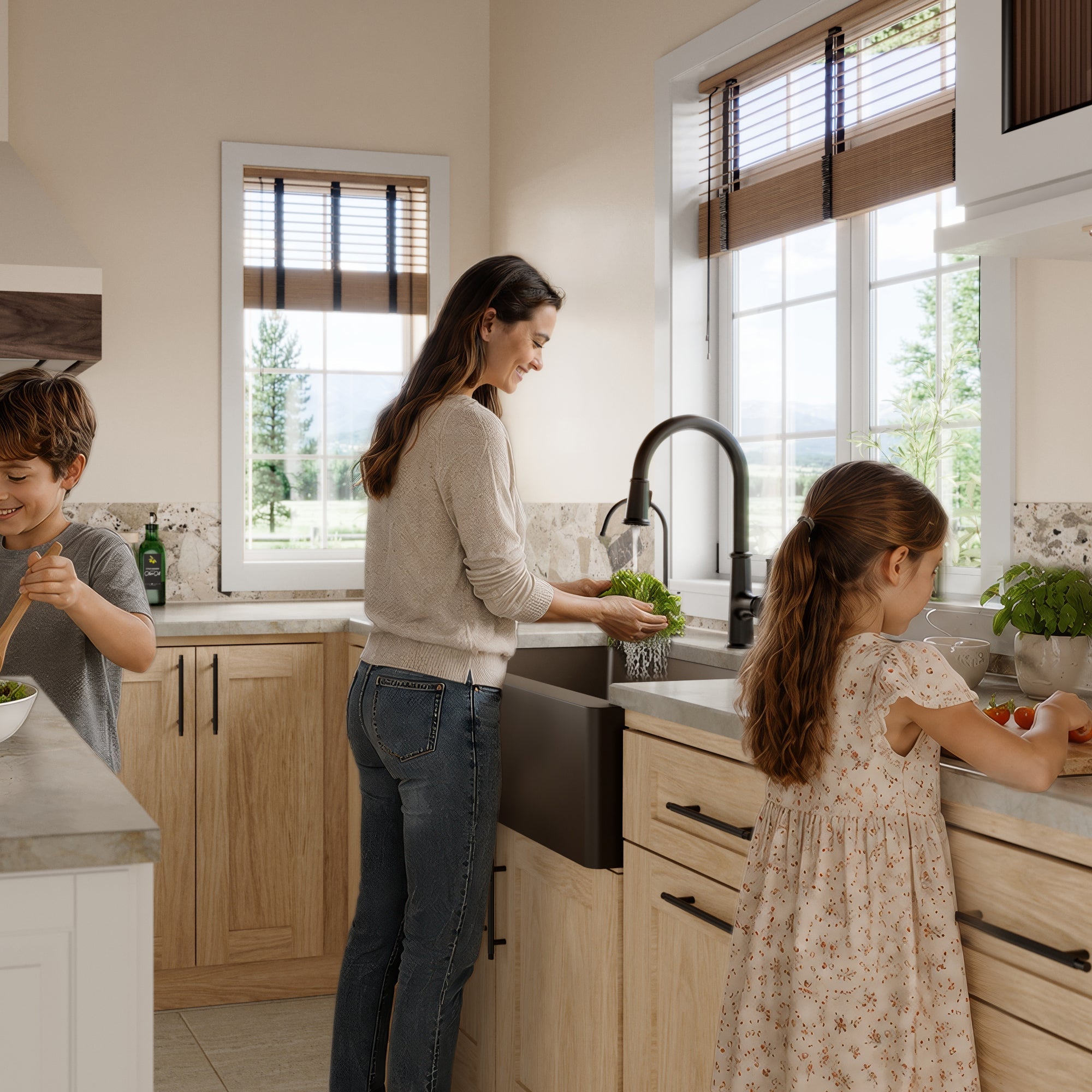 34" Farmhouse Double Equal Bowl Quartz Composite Kitchen Sink Kit In Brown