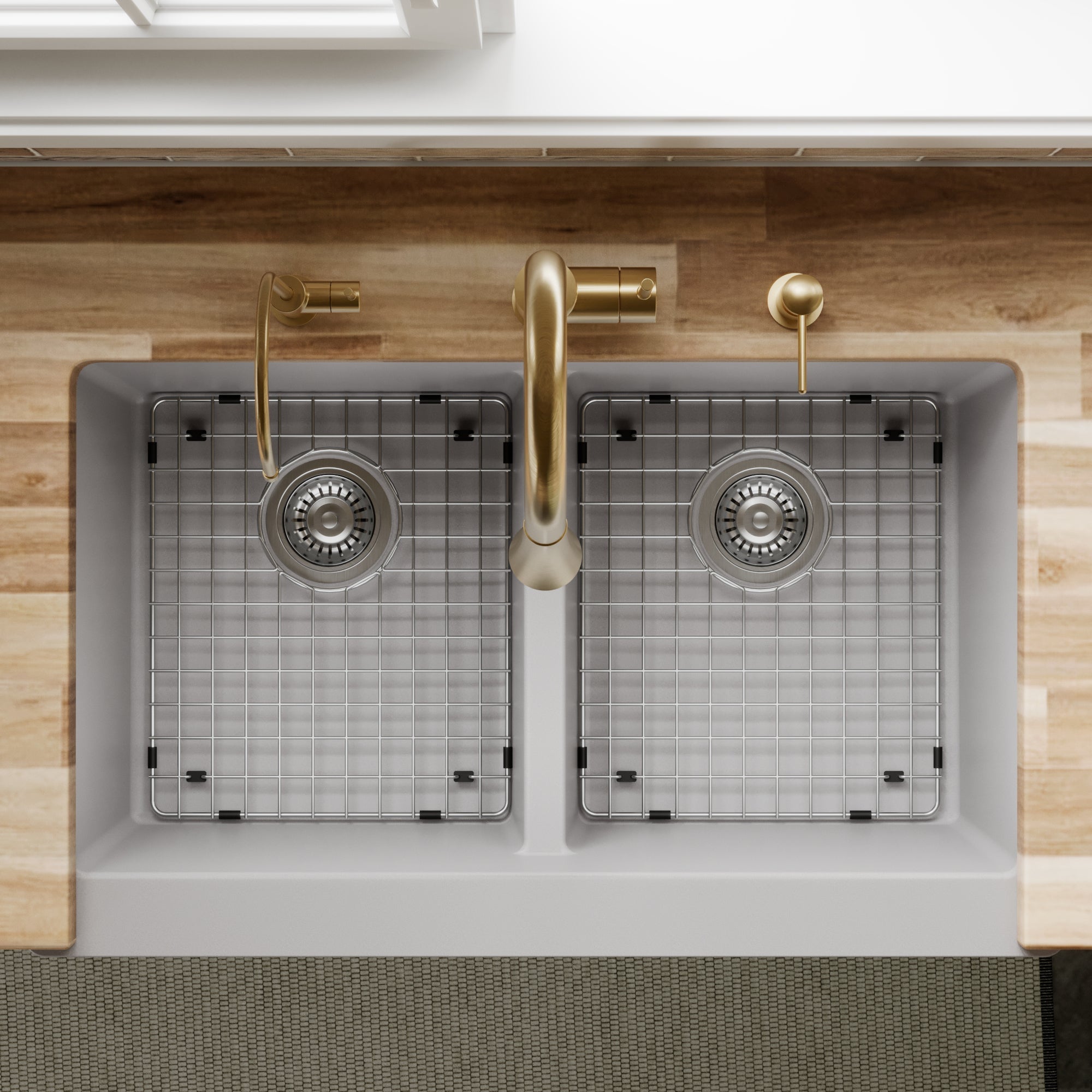 34" Farmhouse Double Equal Bowl Quartz Composite Kitchen Sink Kit In Grey
