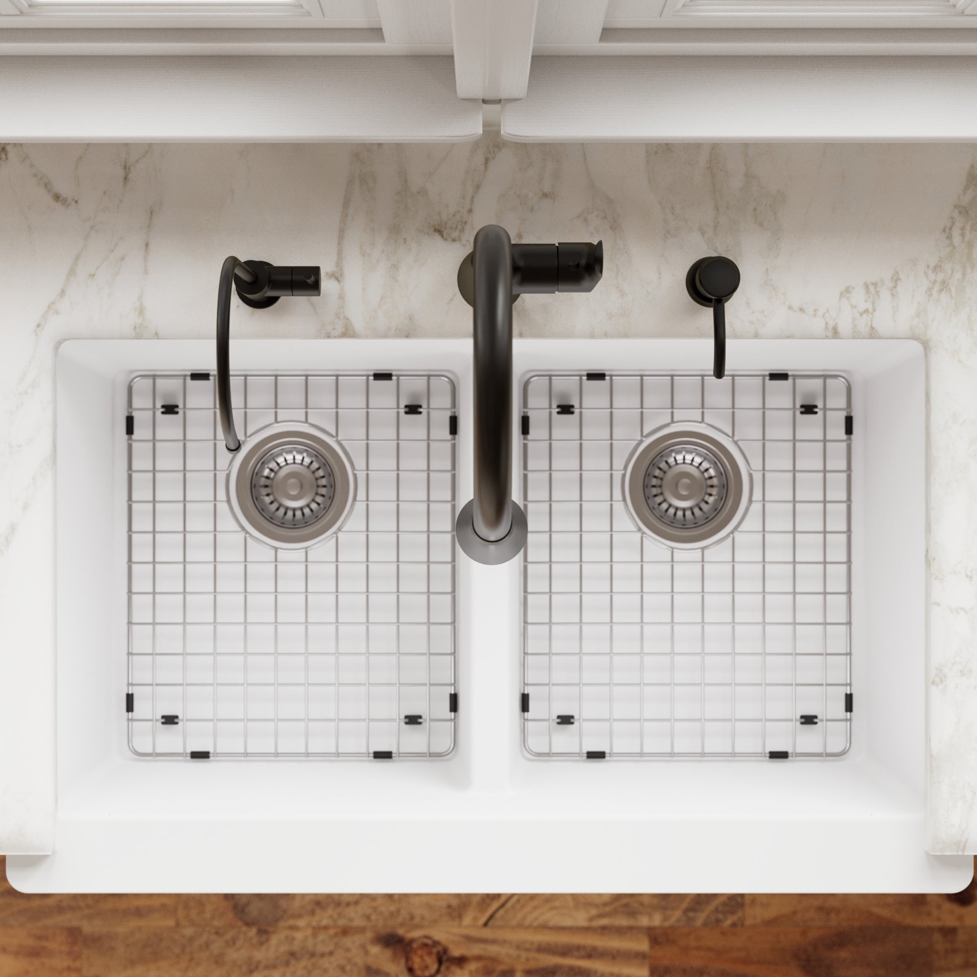 34" Farmhouse Double Equal Bowl Quartz Composite Kitchen Sink Kit In White