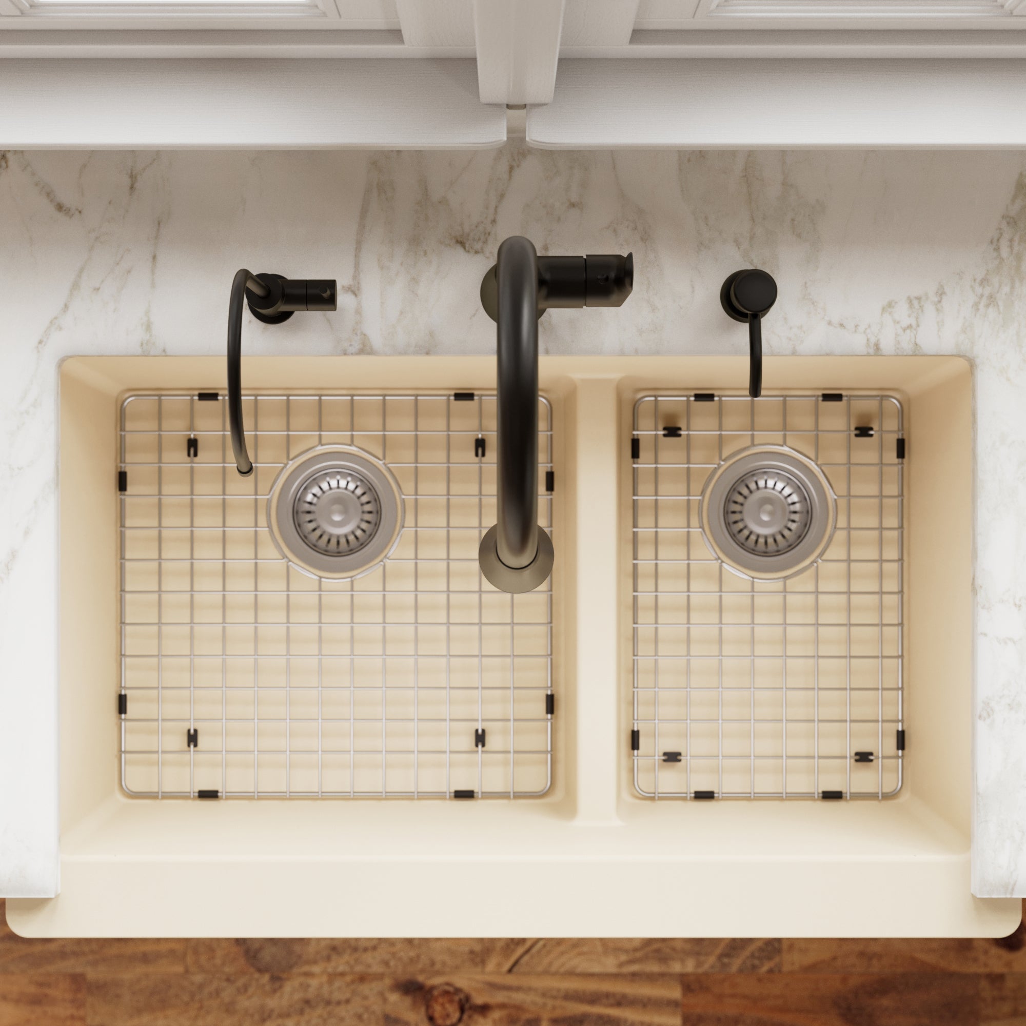 34" Farmhouse Double Offset Bowl Quartz Composite Kitchen Sink Kit In Bisque
