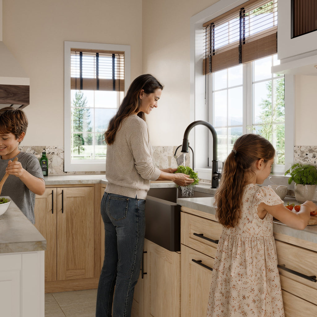 34" Farmhouse Double Offset Bowl Quartz Composite Kitchen Sink Kit In Brown
