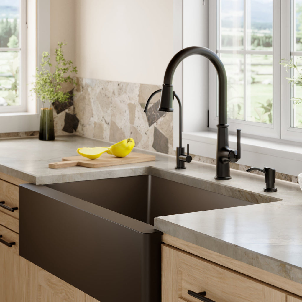 34" Farmhouse Double Offset Bowl Quartz Composite Kitchen Sink In Brown