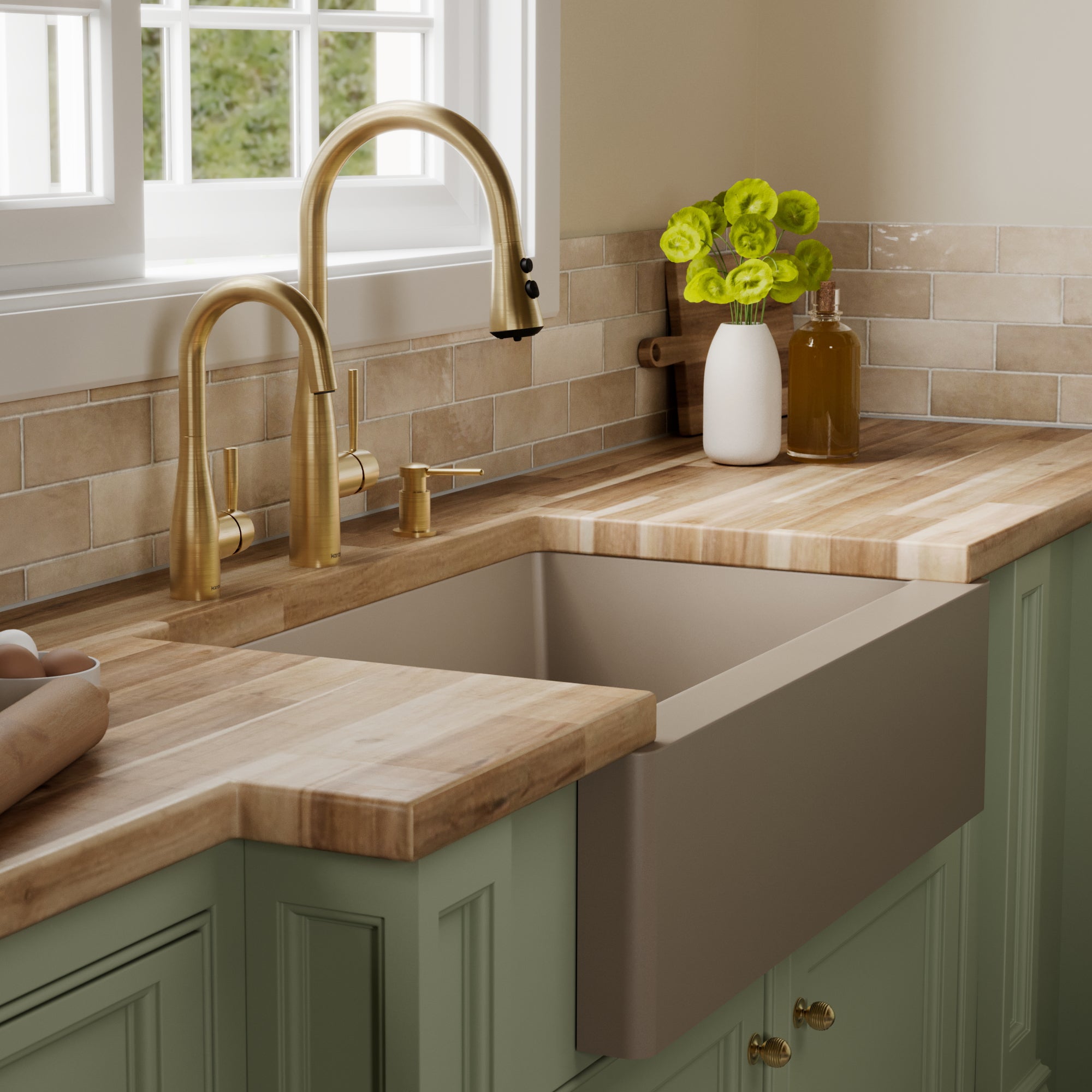 34" Farmhouse Double Offset Bowl Quartz Composite Kitchen Sink In Concrete