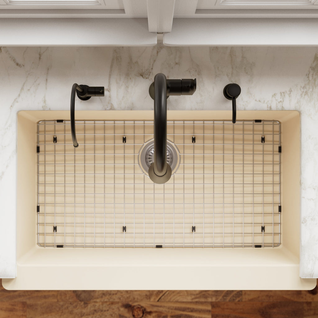 34" Retrofit Farmhouse Large Single Bowl Quartz Composite Kitchen Sink Kit In Bisque