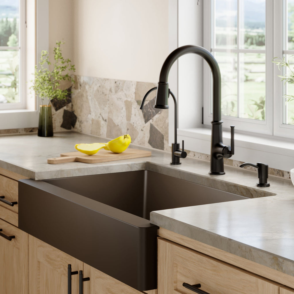 34" Retrofit Farmhouse Large Single Bowl Quartz Composite Kitchen Sink In Brown