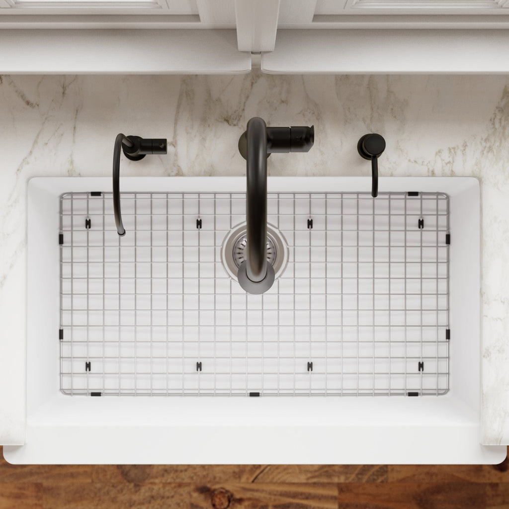 34" Retrofit Farmhouse Large Single Bowl Quartz Composite Kitchen Sink Kit In White