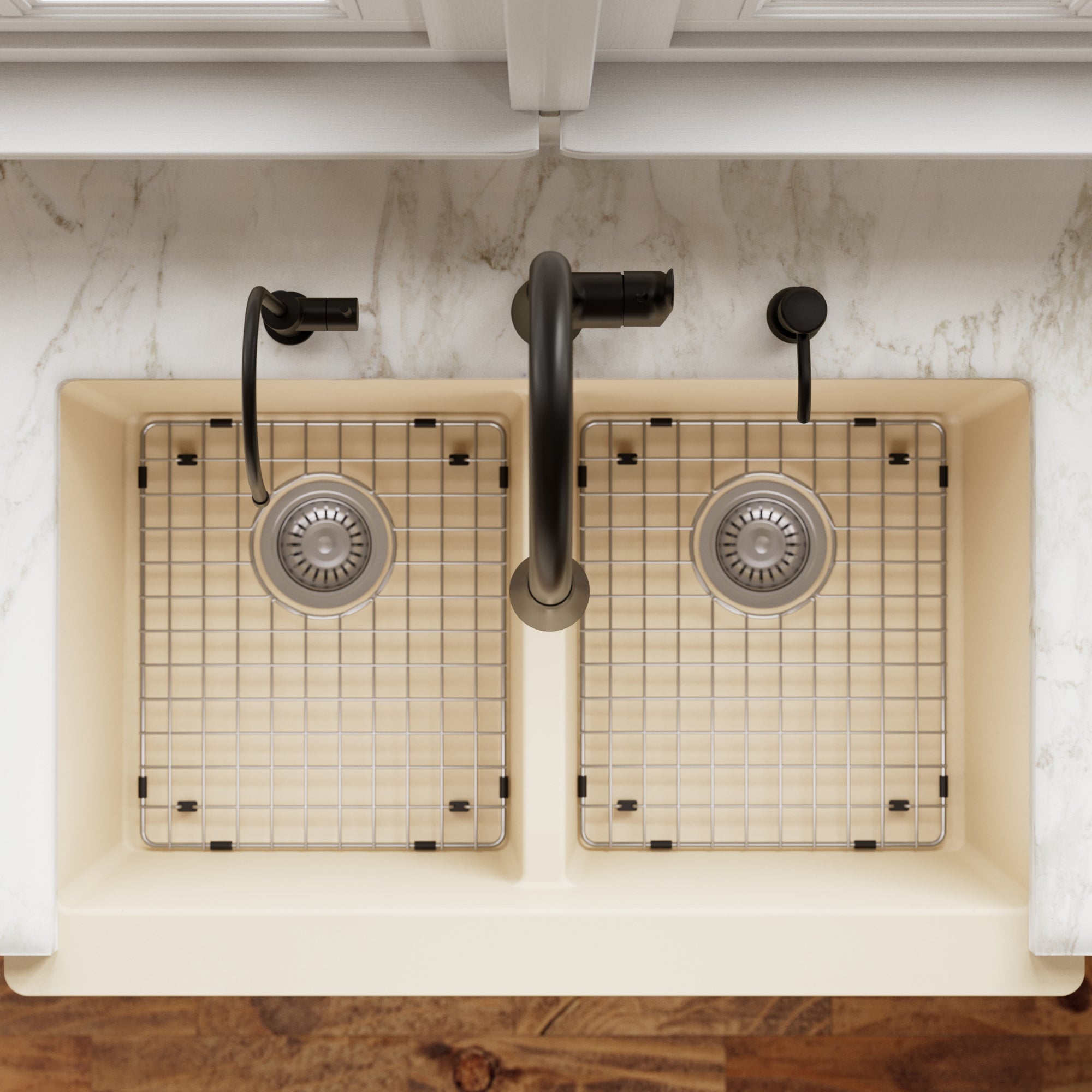 34" Retrofit Farmhouse Double Equal Bowl Quartz Composite Kitchen Sink Kit In Bisque