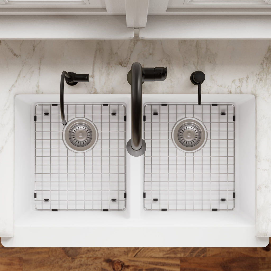 34" Retrofit Farmhouse Double Equal Bowl Quartz Composite Kitchen Sink Kit In White