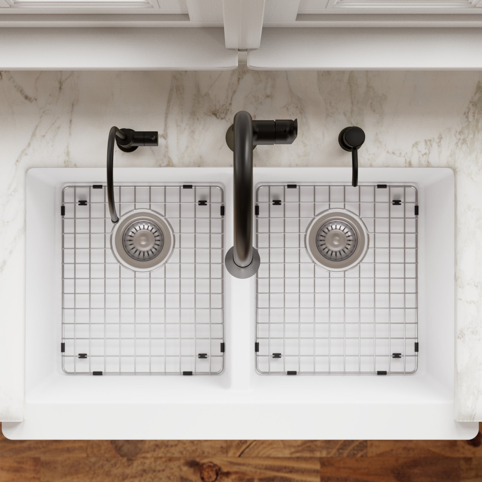 34" Retrofit Farmhouse Double Equal Bowl Quartz Composite Kitchen Sink Kit In White