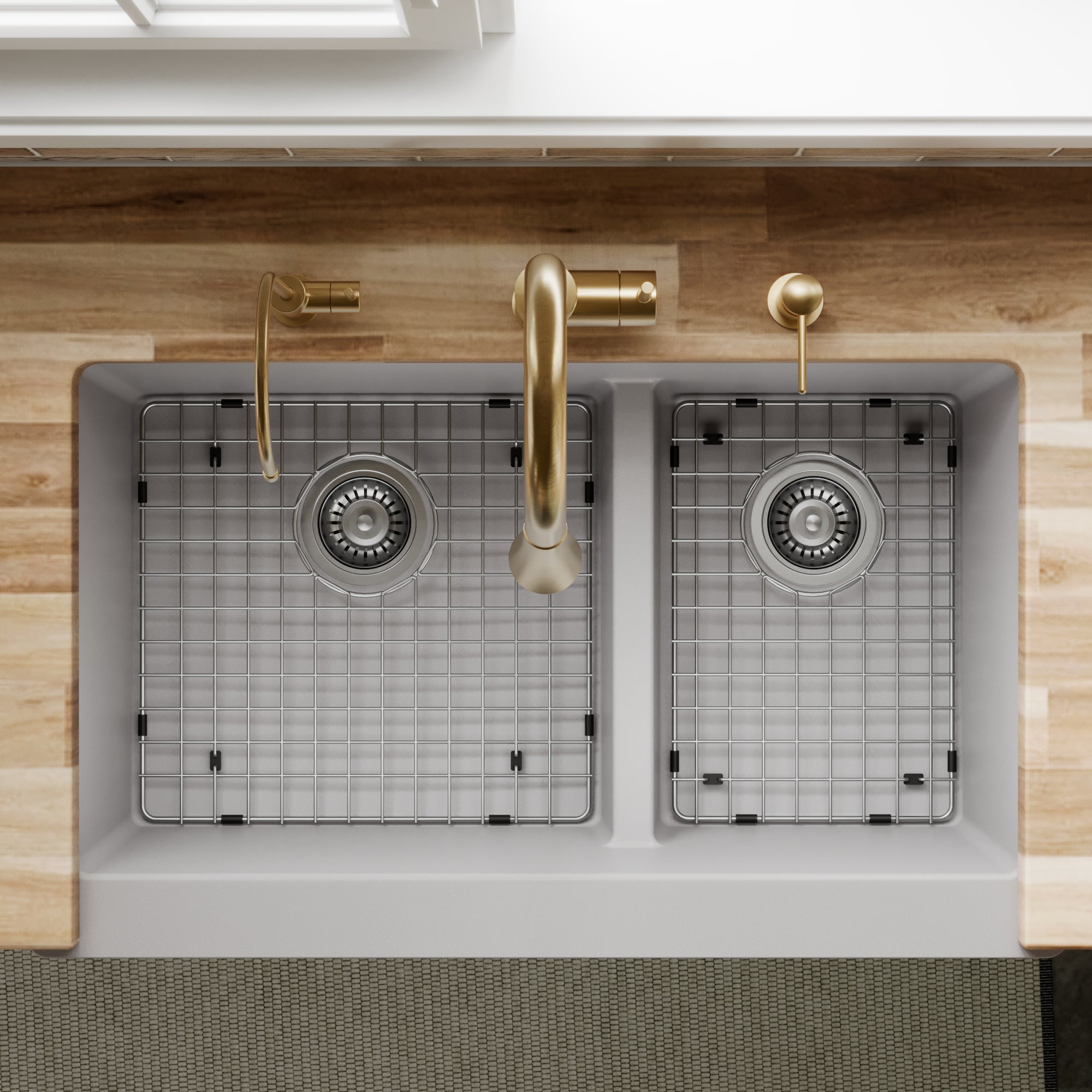 34" Retrofit Farmhouse Double Offset Bowl Quartz Composite Kitchen Sink Kit In Grey