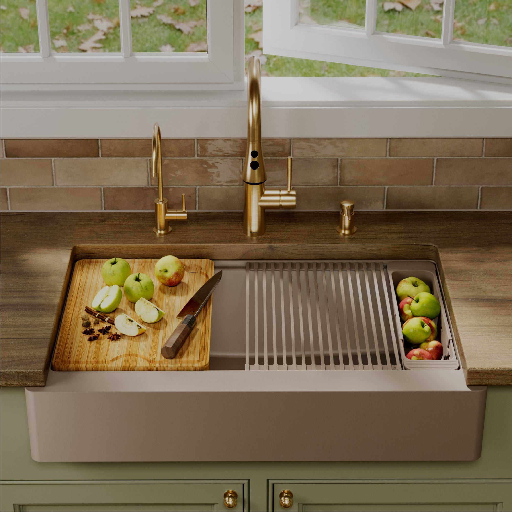 34" Apron Front Single Bowl Quartz Kitchen Sink Kit In Concrete