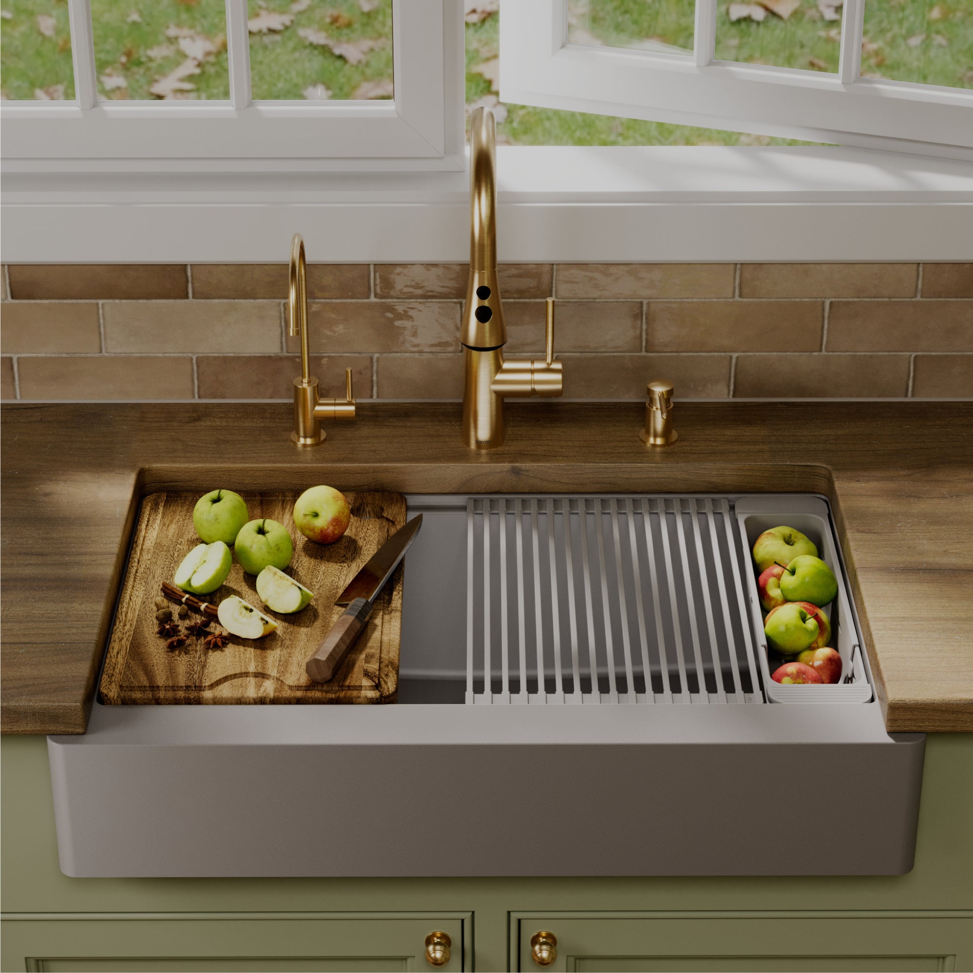 34" Apron Front Single Bowl Quartz Kitchen Sink Kit In Grey