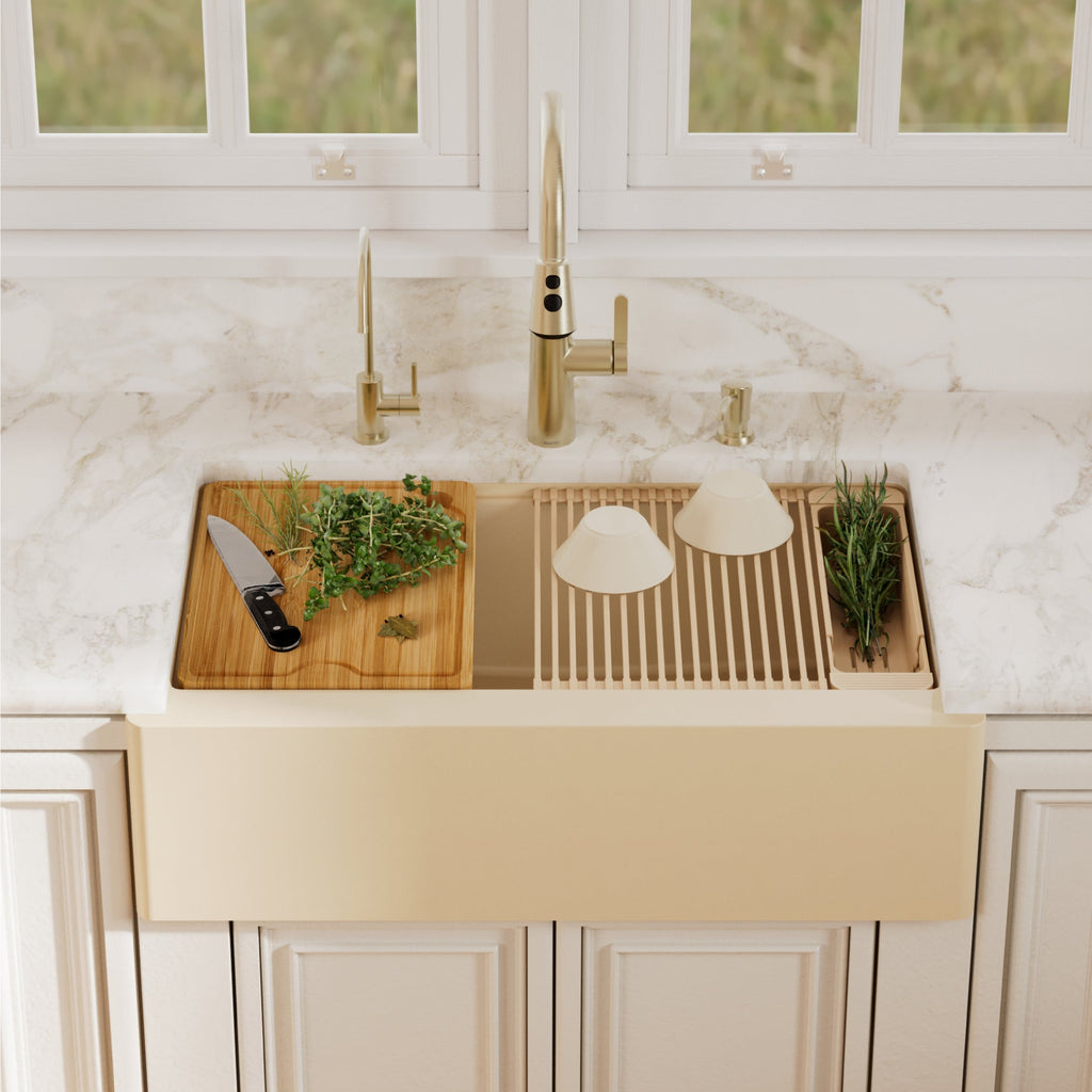 34" Deep Apron Front Single Bowl Quartz Kitchen Sink Kit In Bisque