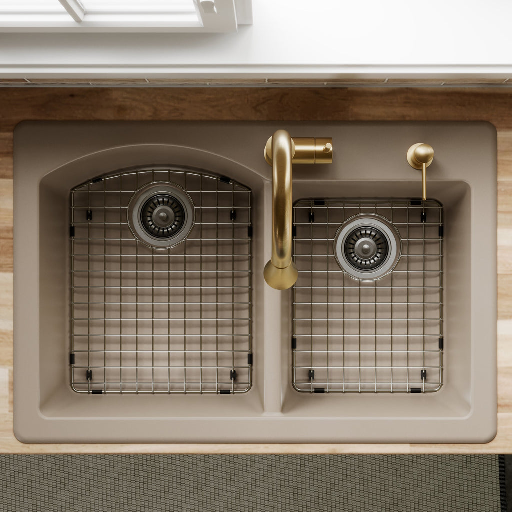 33" Top Mount Double Offset Bowl Quartz Composite Kitchen Sink Kit In Concrete