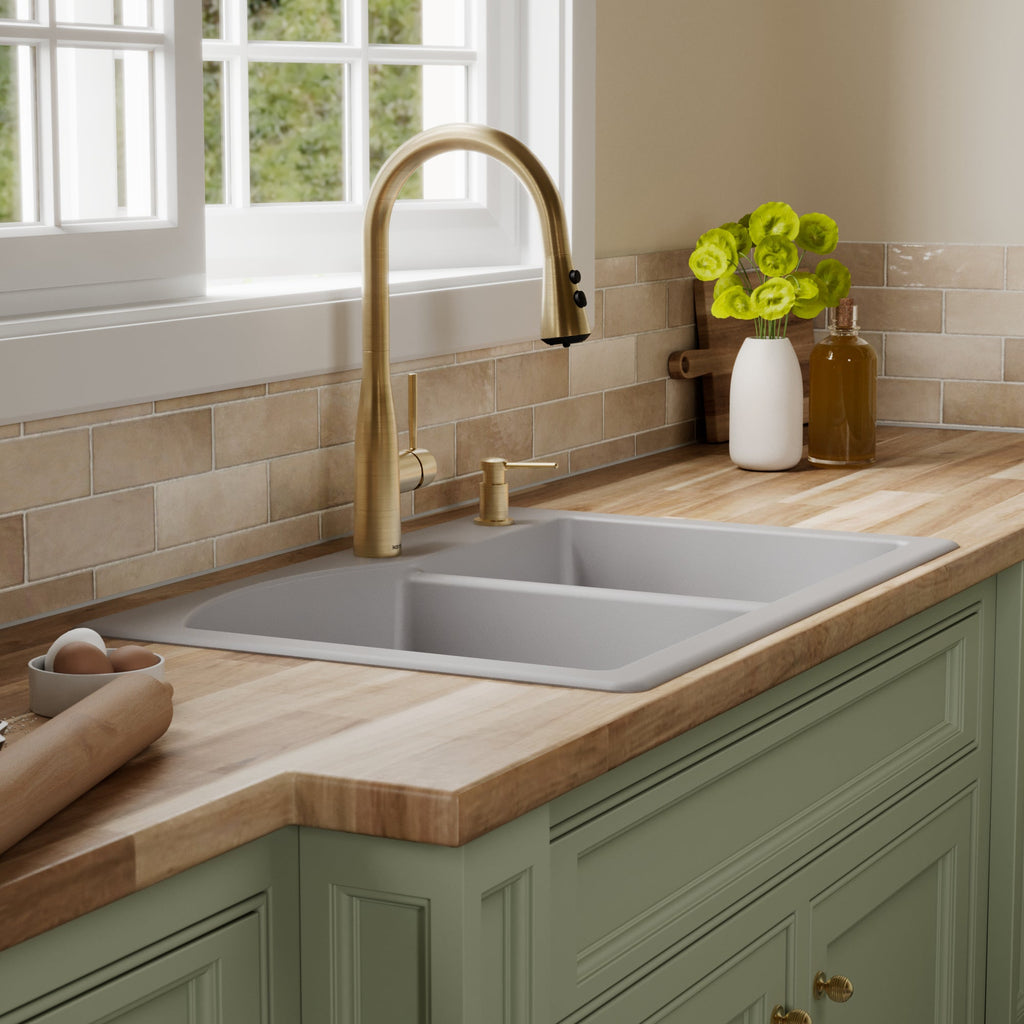 33" Top Mount Double Offset Bowl Quartz Composite Kitchen Sink In Grey