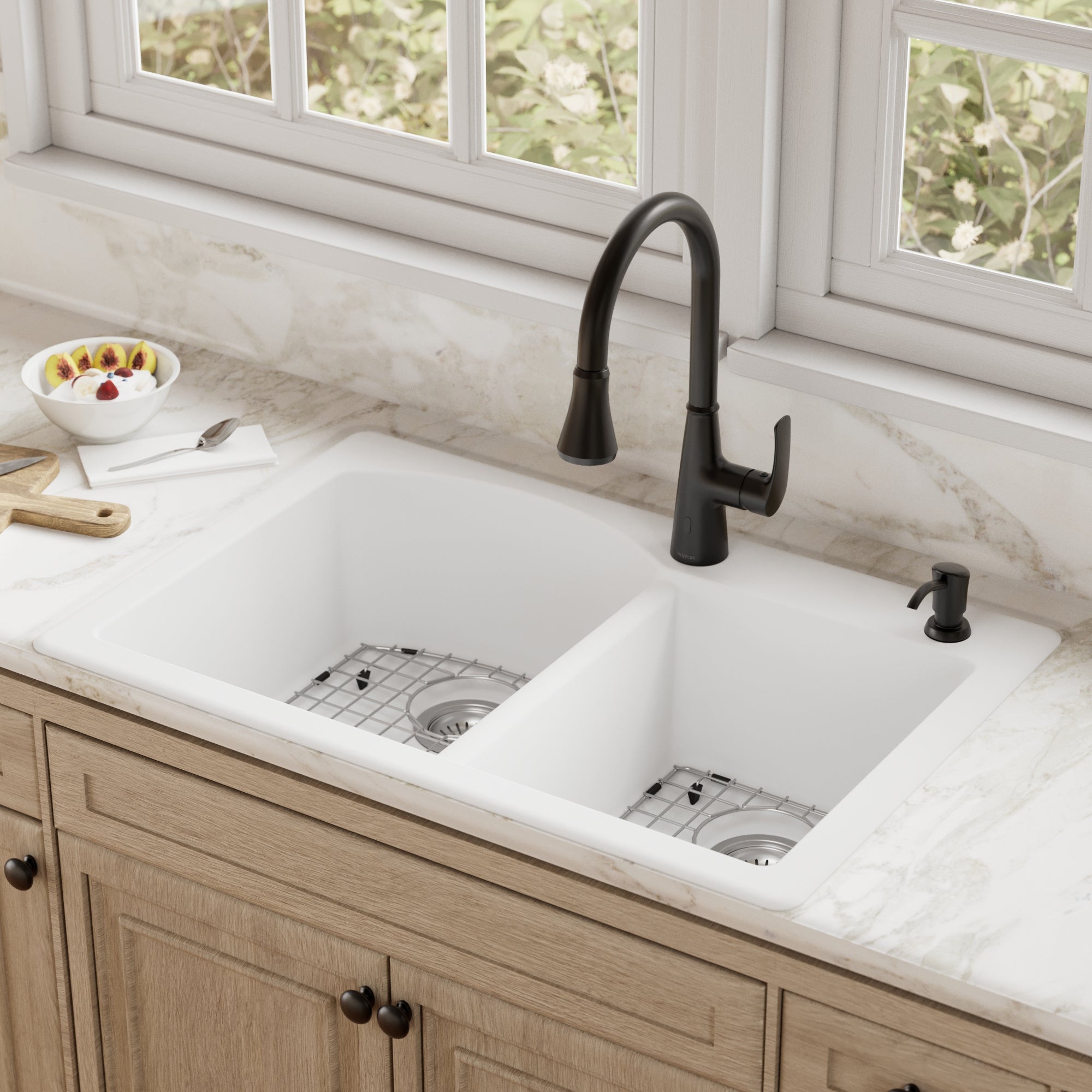33" Top Mount Double Offset Bowl Quartz Composite Kitchen Sink Kit In White