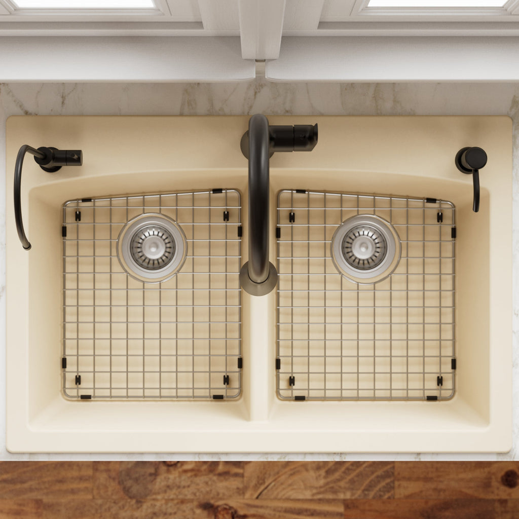 33" Top Mount Double Equal Bowl Quartz Composite Kitchen Sink Kit In Bisque