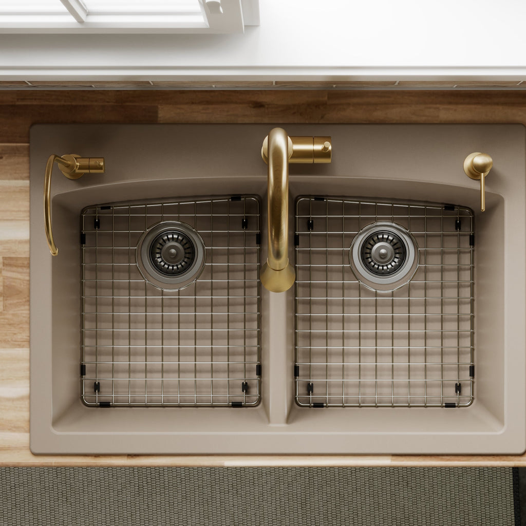 33" Top Mount Double Equal Bowl Quartz Composite Kitchen Sink Kit In Concrete