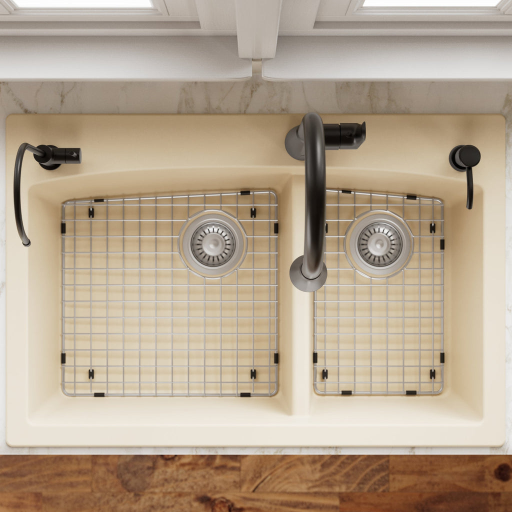 33" Top Mount Double Offset Bowl Quartz Composite Kitchen Sink Kit In Bisque