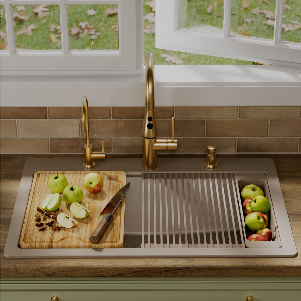 33" Top Mount Single Bowl Quartz Kitchen Sink Kit In Concrete