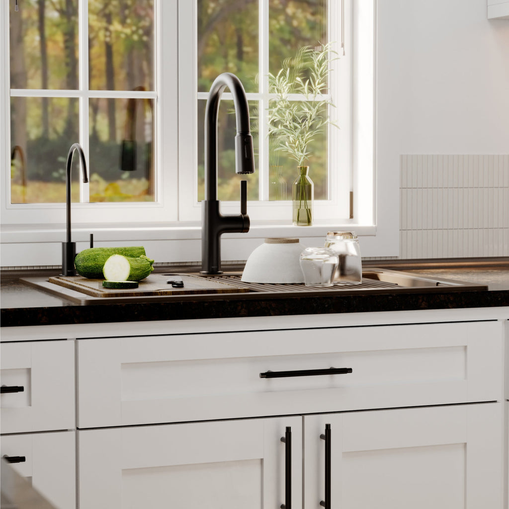 33" Top Mount Double Bowl Quartz Kitchen Sink Kit In Brown