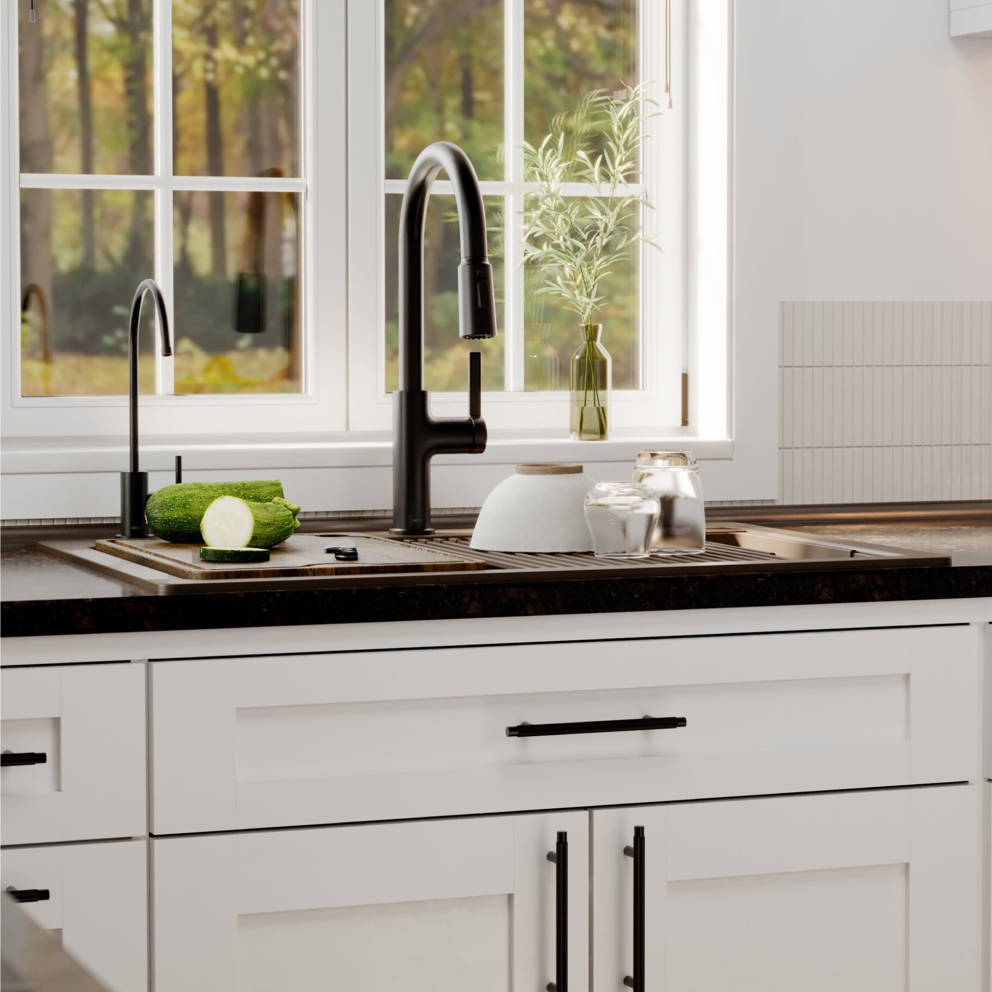 33" Top Mount Double Bowl Quartz Kitchen Sink Kit In Brown
