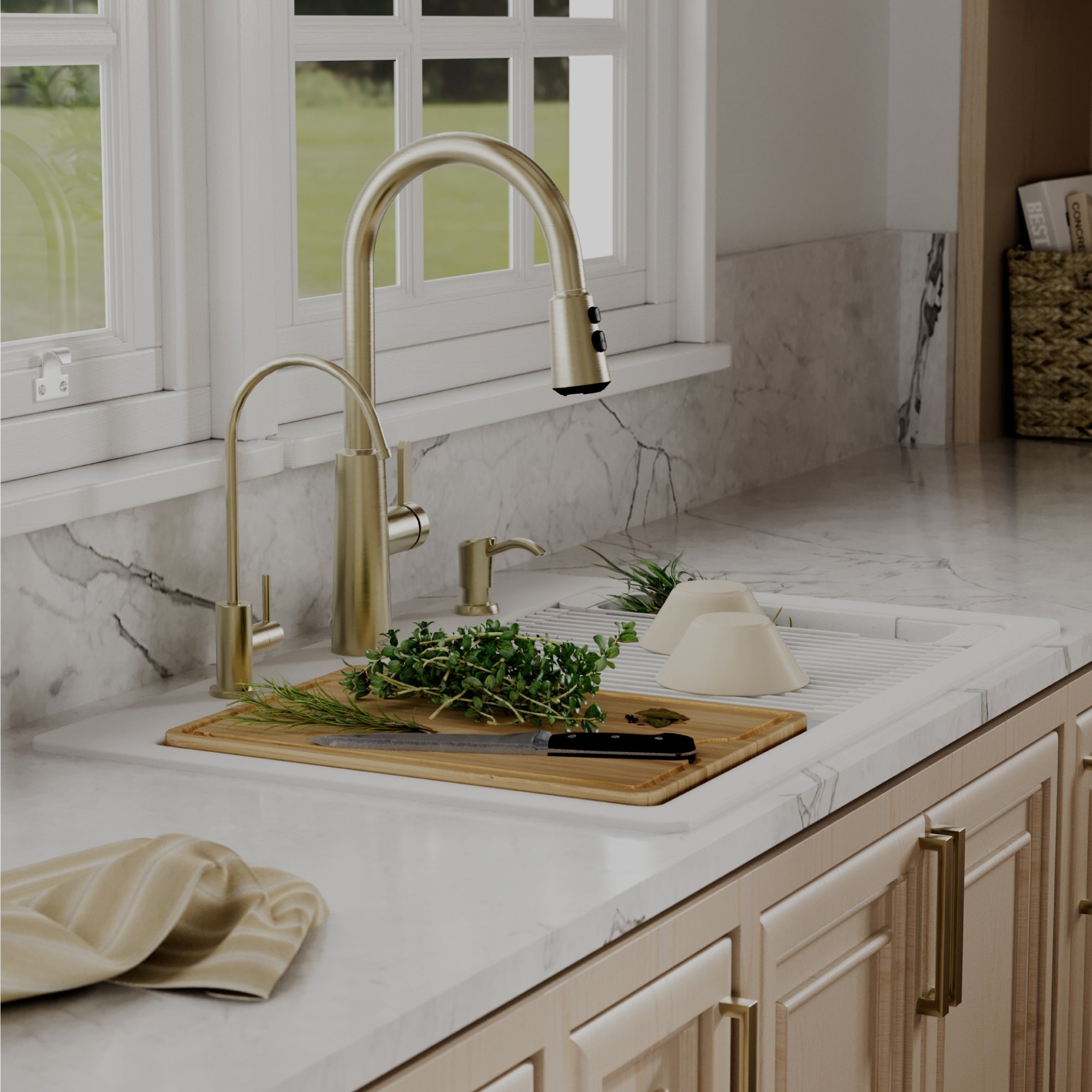 33" Top Mount Double Bowl Quartz Kitchen Sink Kit In White