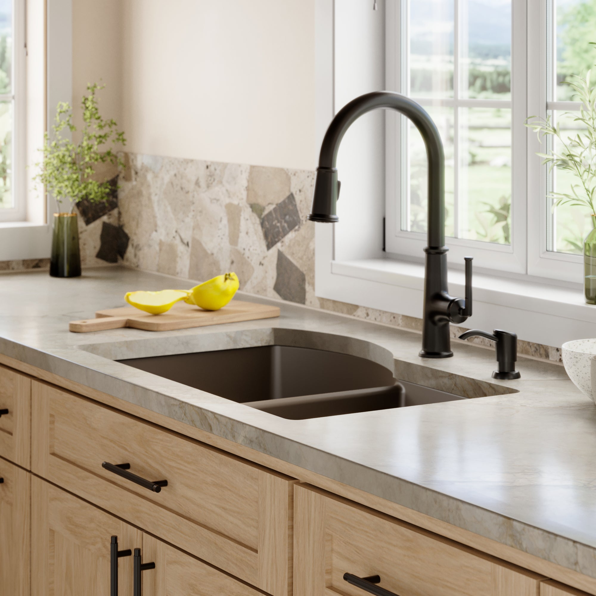 32-1/4" Undermount Double Offset Bowl Quartz Composite Kitchen Sink In Brown