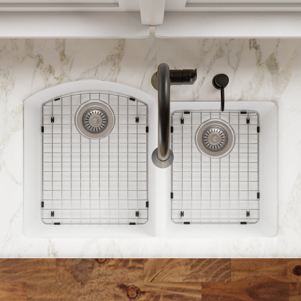 32-1/4" Undermount Double Offset Bowl Quartz Composite Kitchen Sink Kit In White