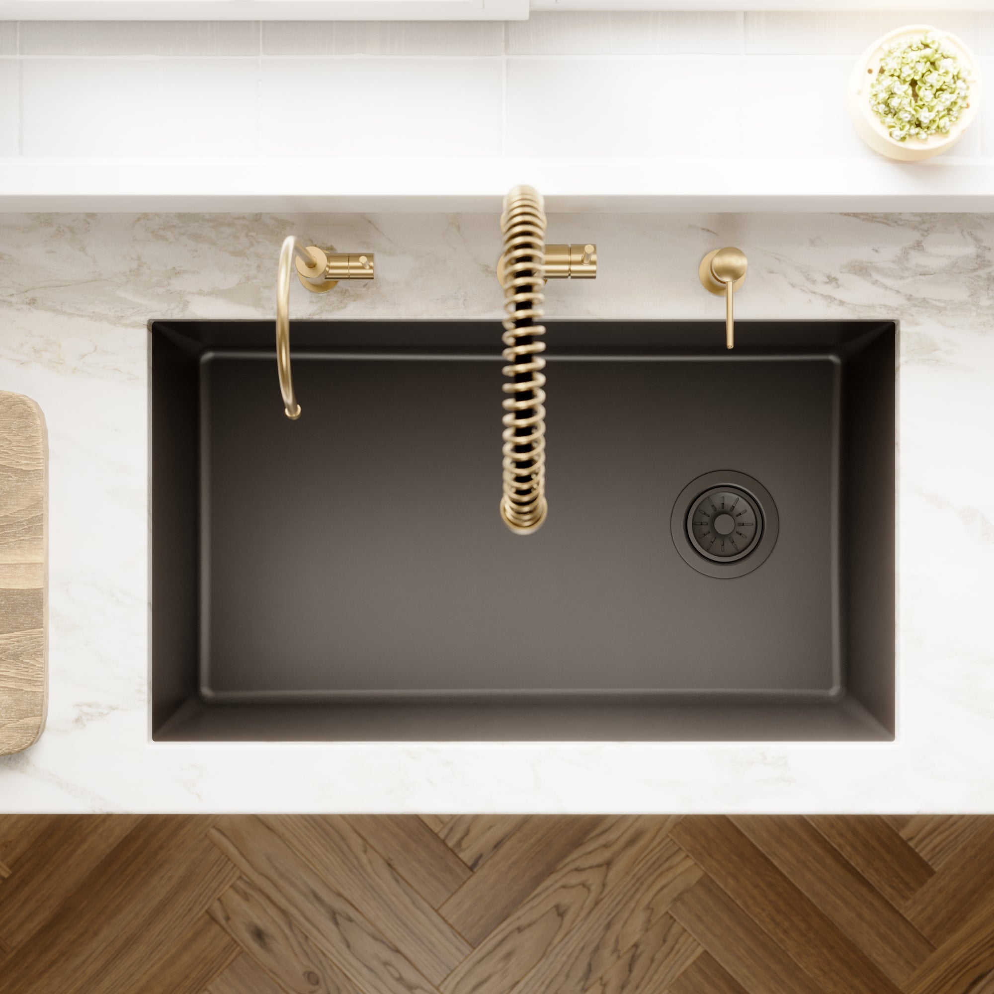 31-5/8" Undermount Large Single Bowl Quartz Composite Kitchen Sink In Black