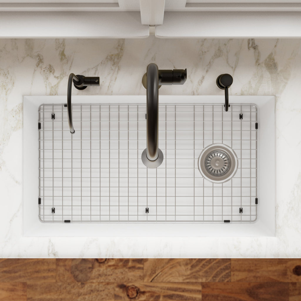 31-5/8" Undermount Large Single Bowl Quartz Composite Kitchen Sink Kit In White
