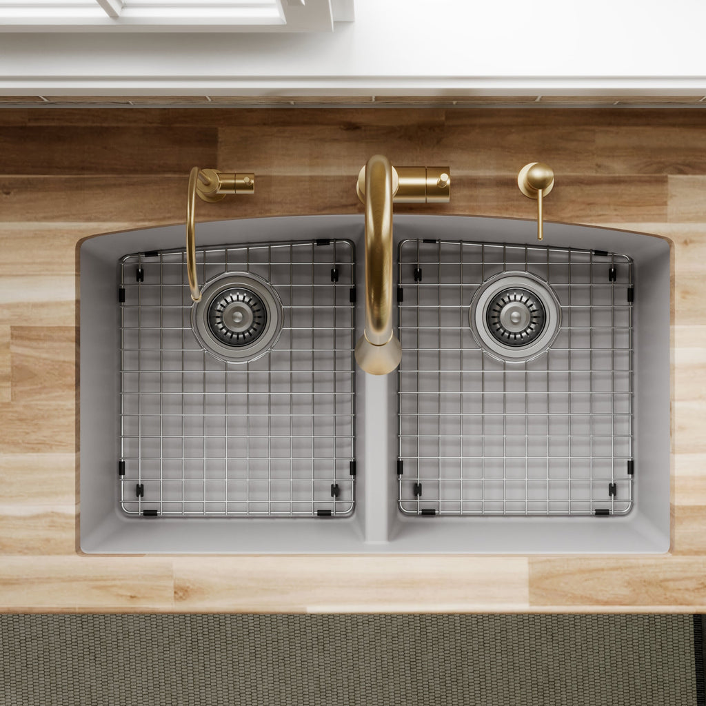 32-1/2" Undermount Double Equal Bowl Quartz Composite Kitchen Sink Kit In Grey