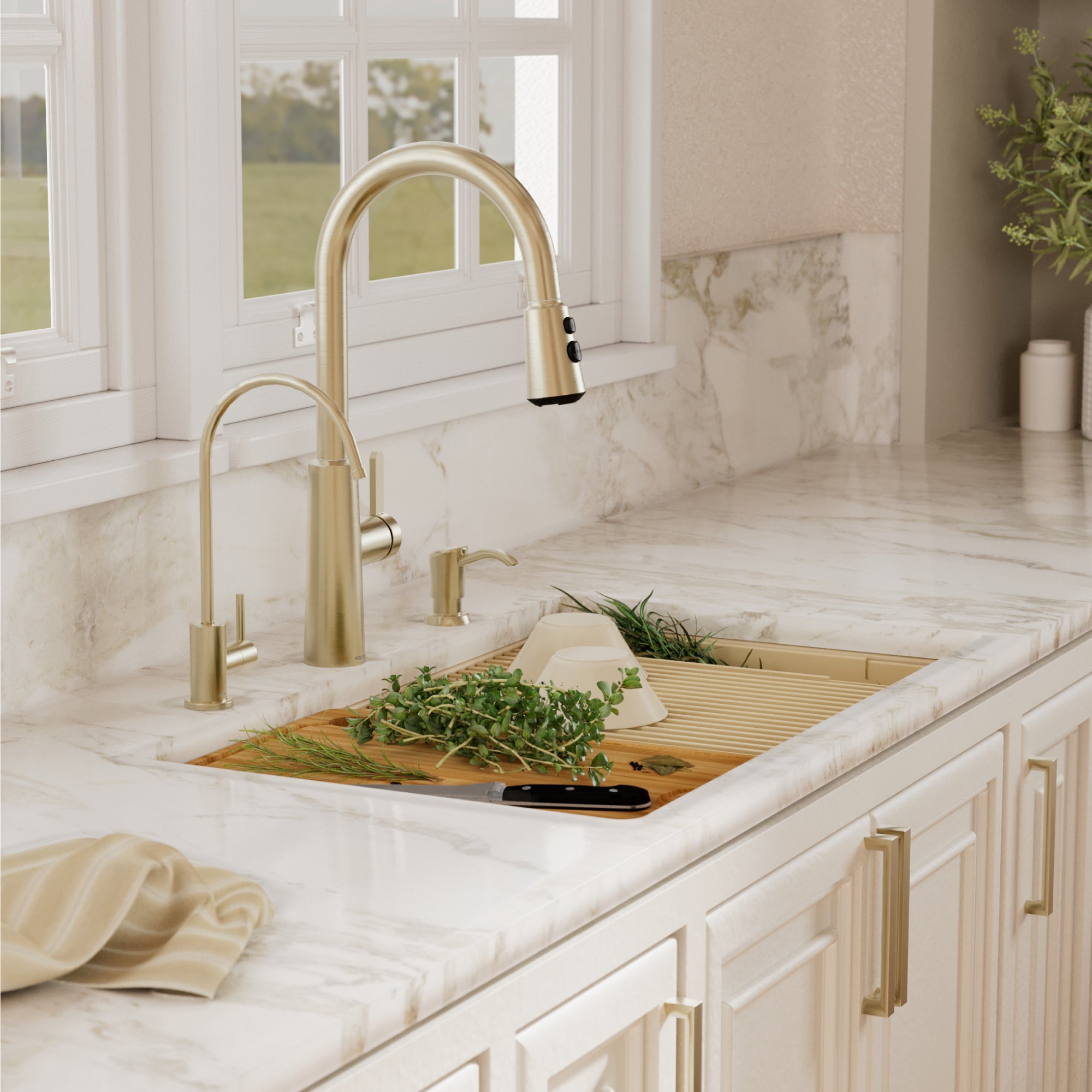 32" Undermount Double Bowl Quartz Kitchen Sink Kit In Bisque