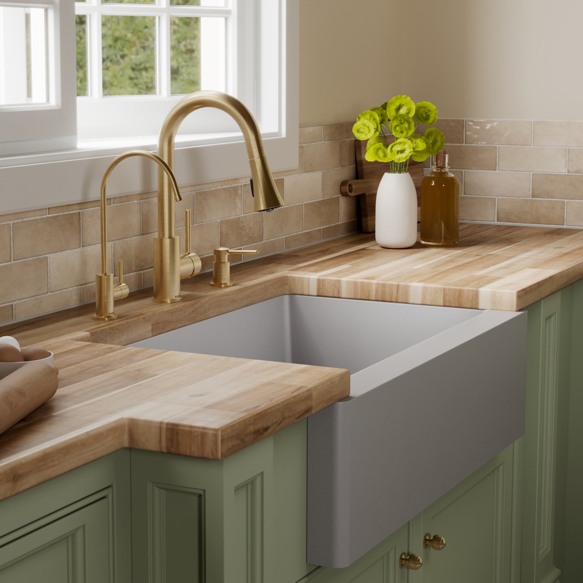 34" Farmhouse Double Equal Bowl Quartz Composite Kitchen Sink Kit In Grey