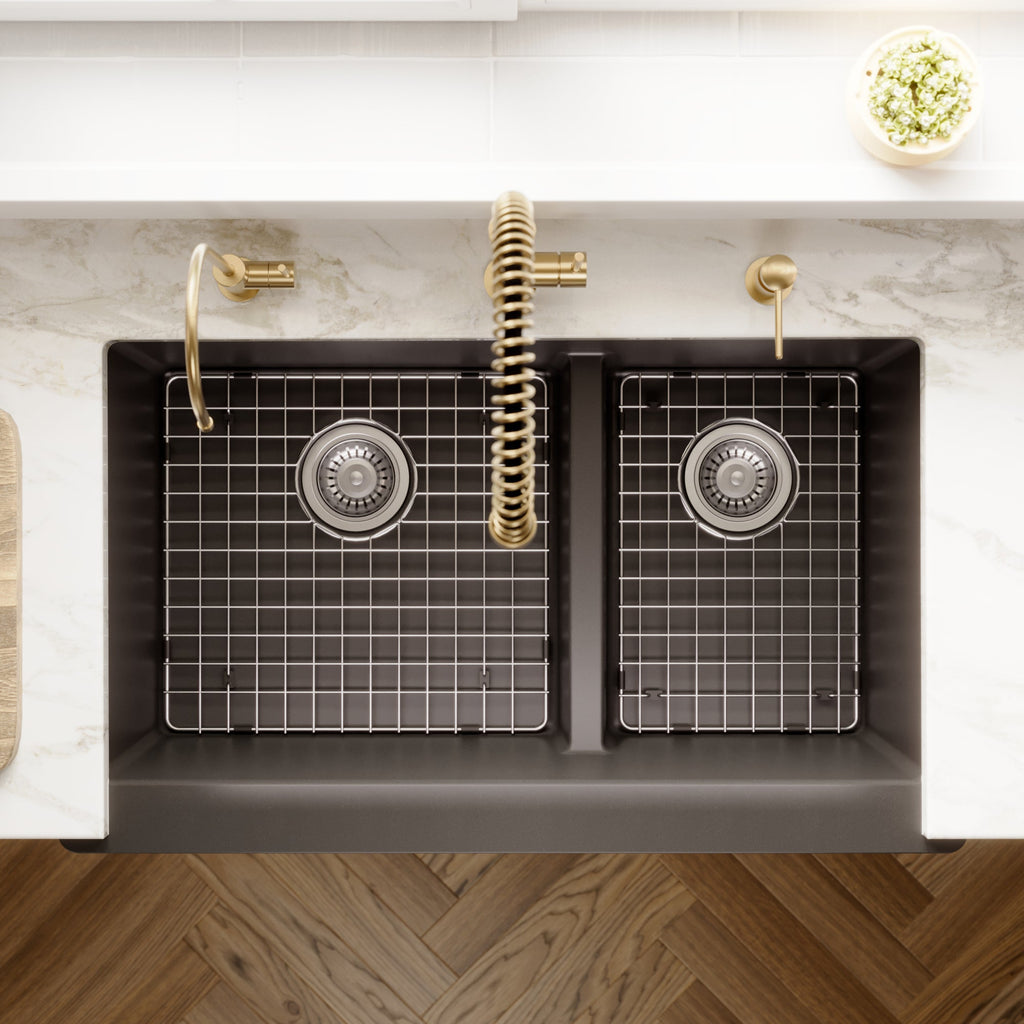 34" Farmhouse Double Offset Bowl Quartz Composite Kitchen Sink Kit In Black
