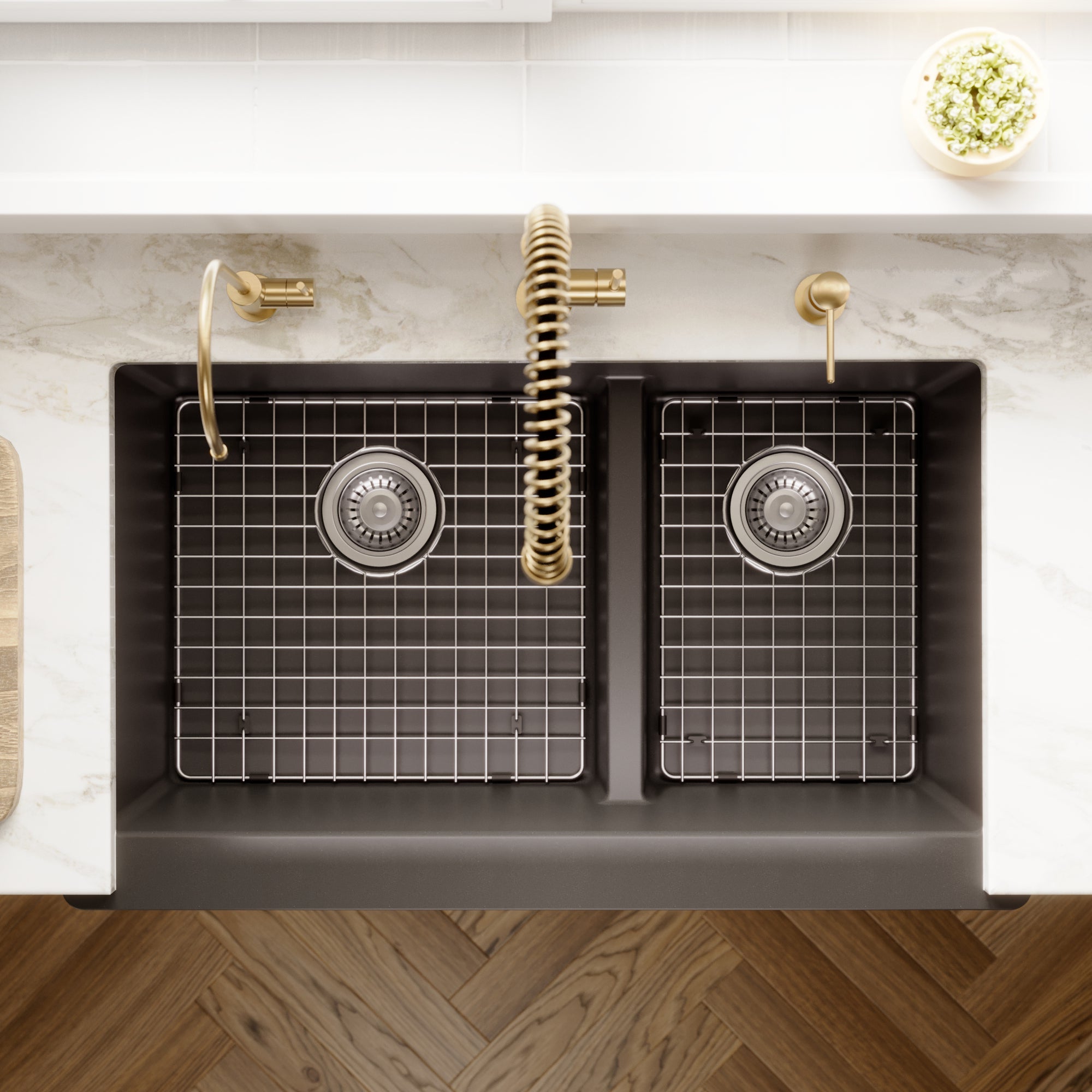 34" Farmhouse Double Offset Bowl Quartz Composite Kitchen Sink Kit In Black