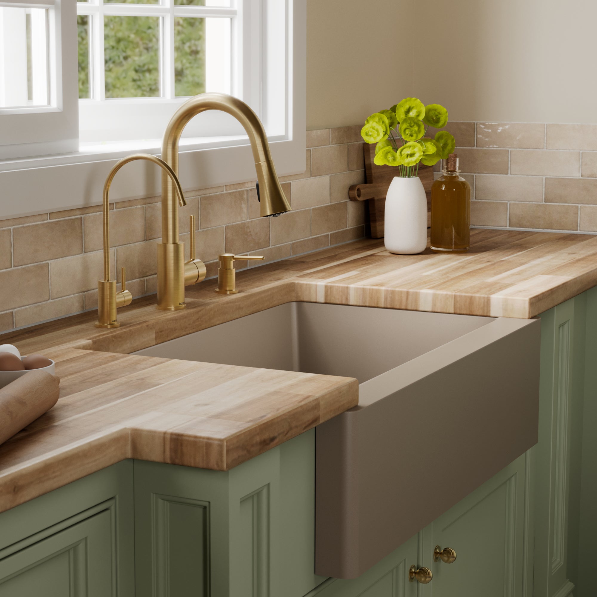 34" Farmhouse Double Offset Bowl Quartz Composite Kitchen Sink Kit In Concrete