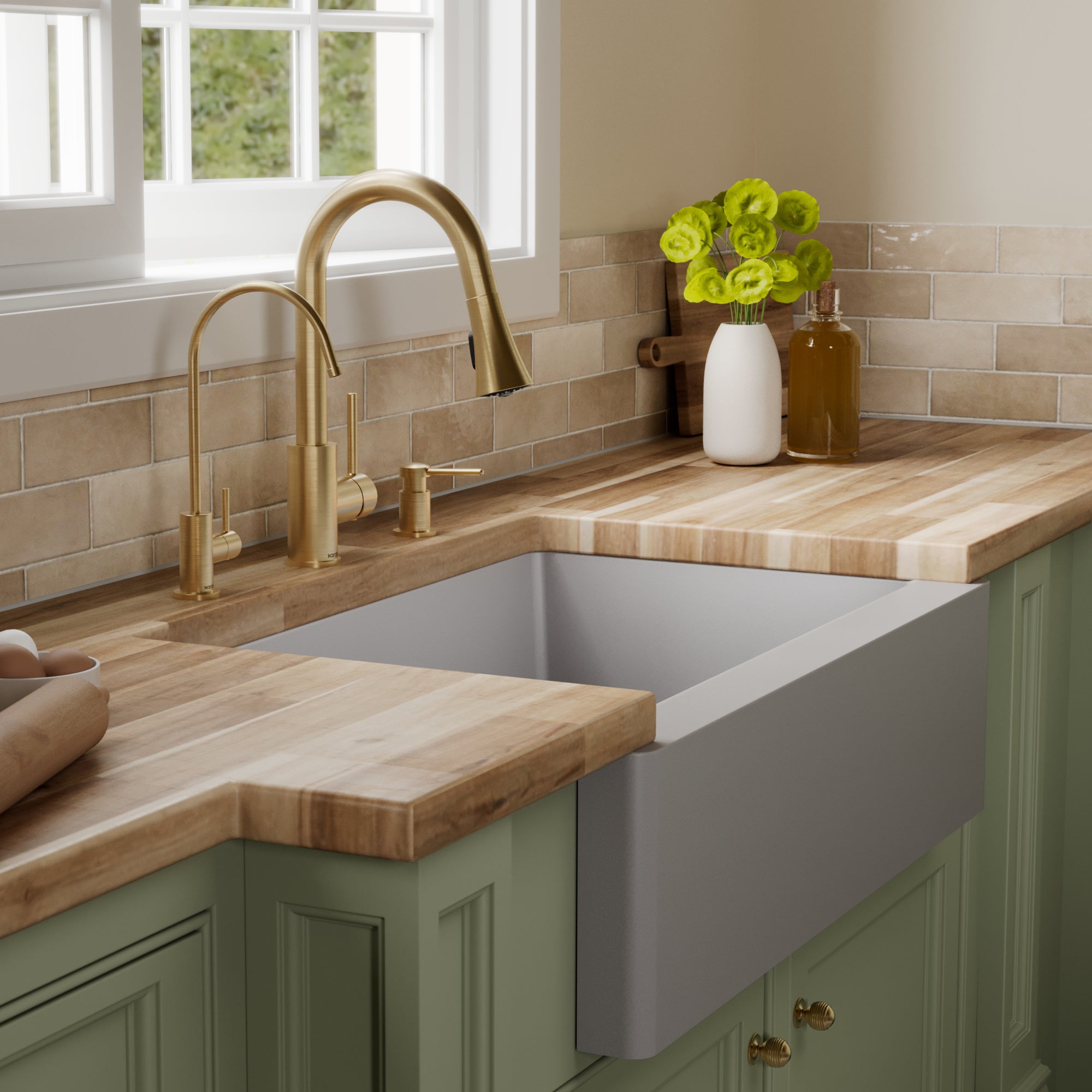 34" Farmhouse Double Offset Bowl Quartz Composite Kitchen Sink Kit In Grey