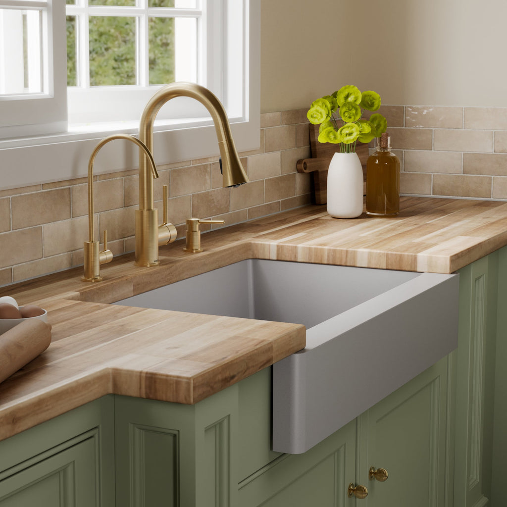 34" Retrofit Farmhouse Large Single Bowl Quartz Composite Kitchen Sink Kit In Grey