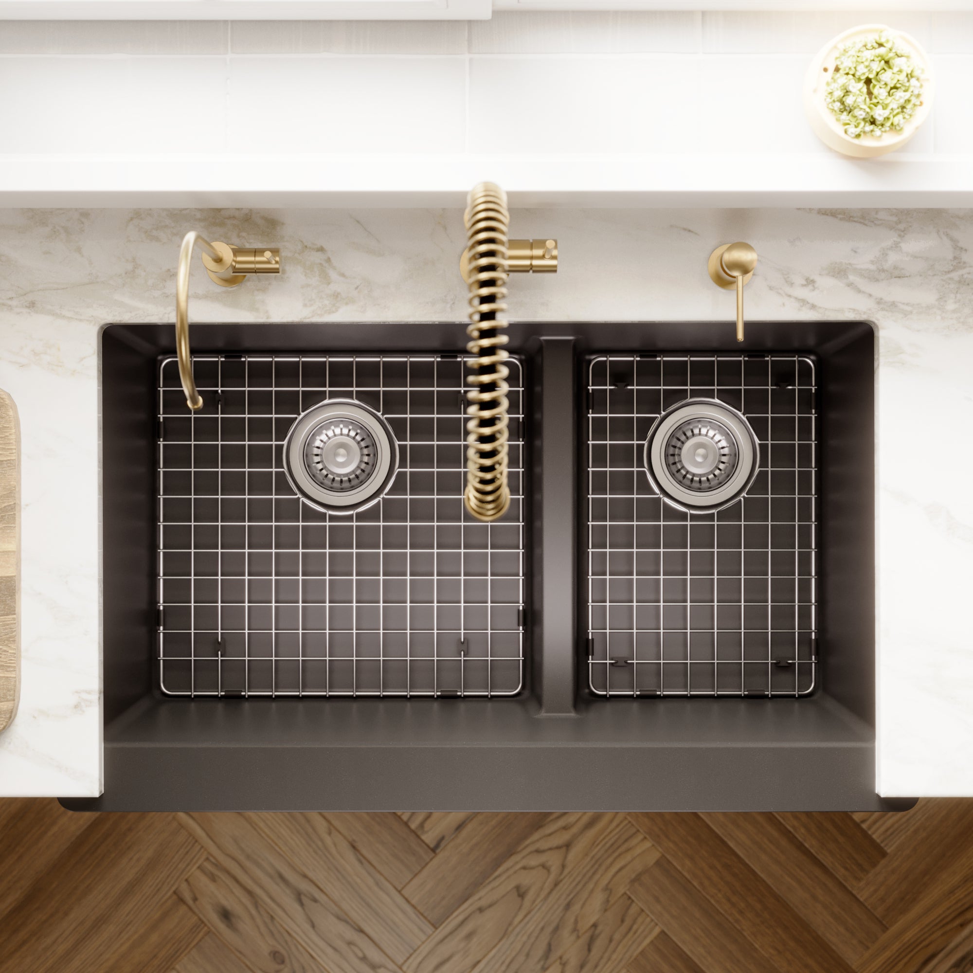 34" Retrofit Farmhouse Double Offset Bowl Quartz Composite Kitchen Sink Kit In Black
