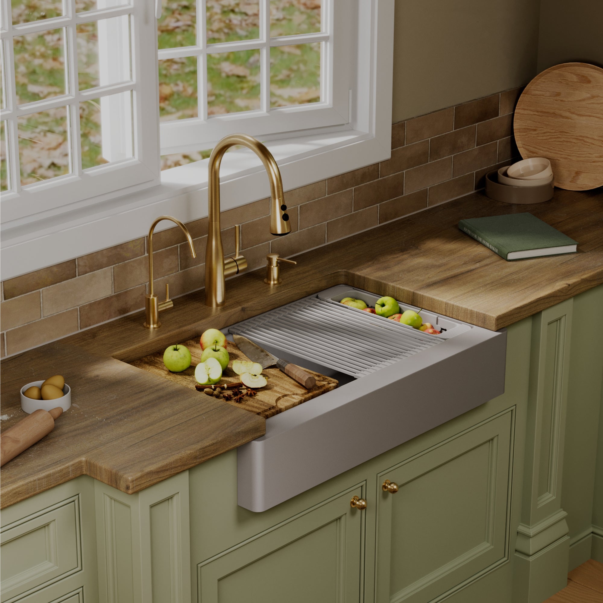 34" Apron Front Single Bowl Quartz Kitchen Sink Kit In Grey